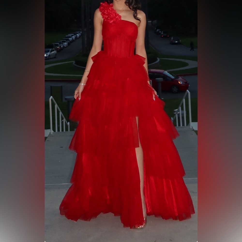 Red Asymmetrical Ruffled One Shoulder Gown